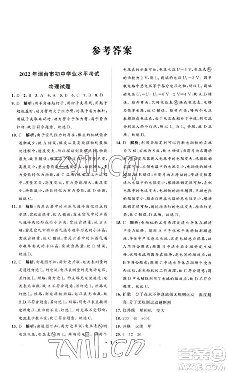 山東教育出版社2023初中總復(fù)習(xí)手冊(cè)分層專題卷九年級(jí)物理五四制通用版煙臺(tái)專版參考答案