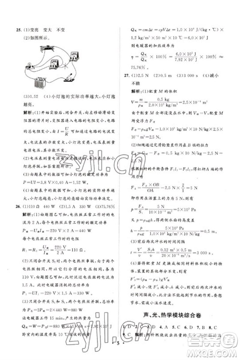 山東教育出版社2023初中總復(fù)習(xí)手冊(cè)分層專題卷九年級(jí)物理五四制通用版煙臺(tái)專版參考答案