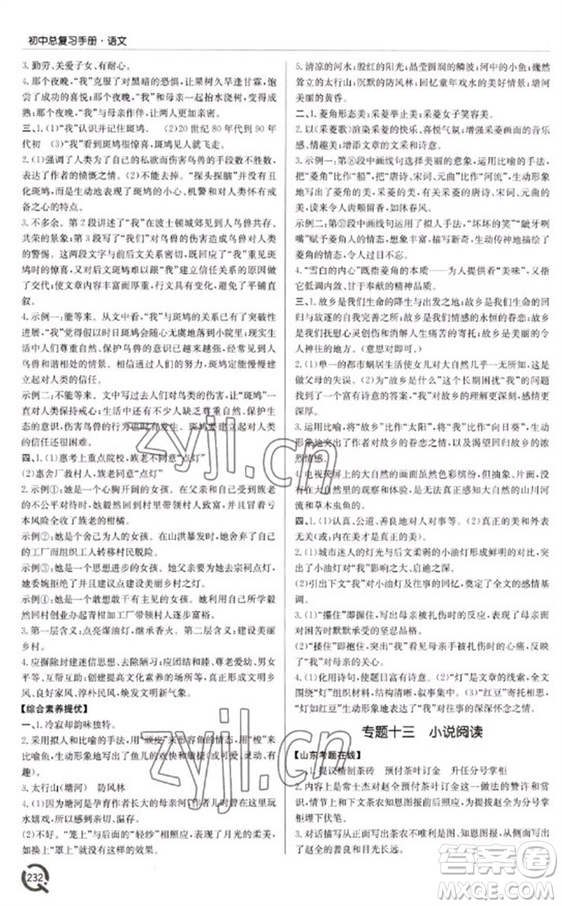 青島出版社2023初中總復(fù)習(xí)手冊九年級語文通用版參考答案