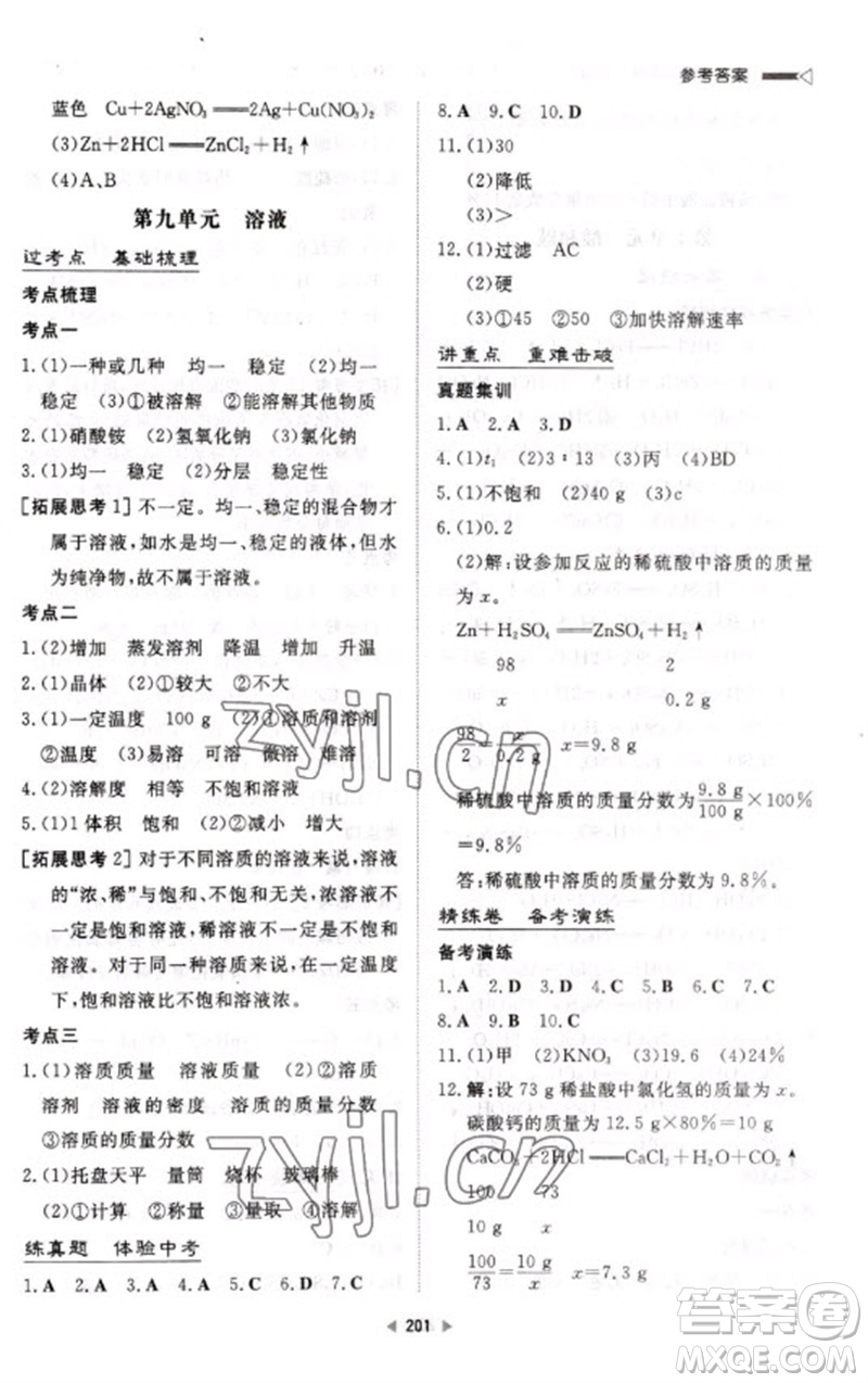 新世紀出版社2023初中總復習手冊九年級化學通用版參考答案