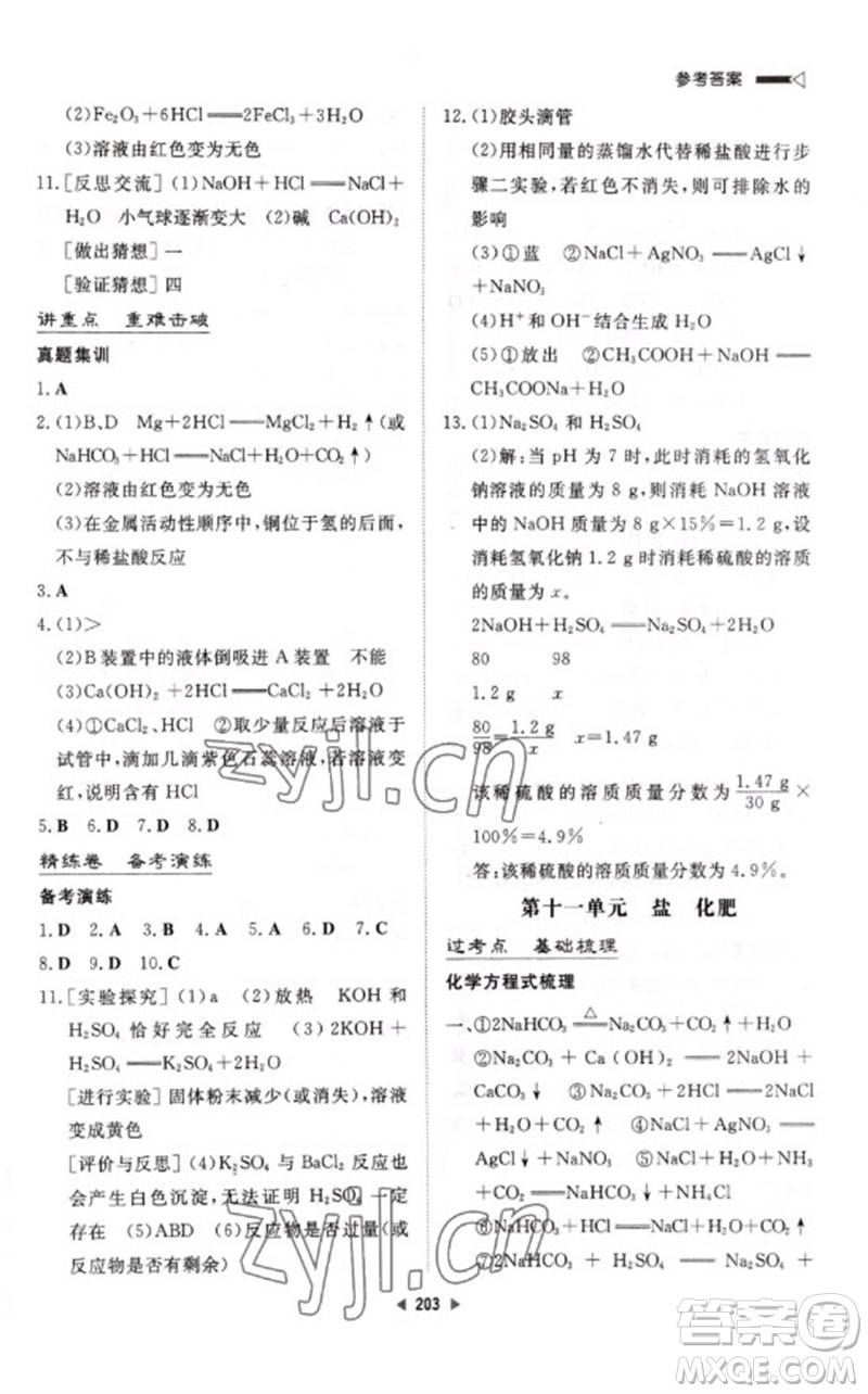 新世紀出版社2023初中總復習手冊九年級化學通用版參考答案