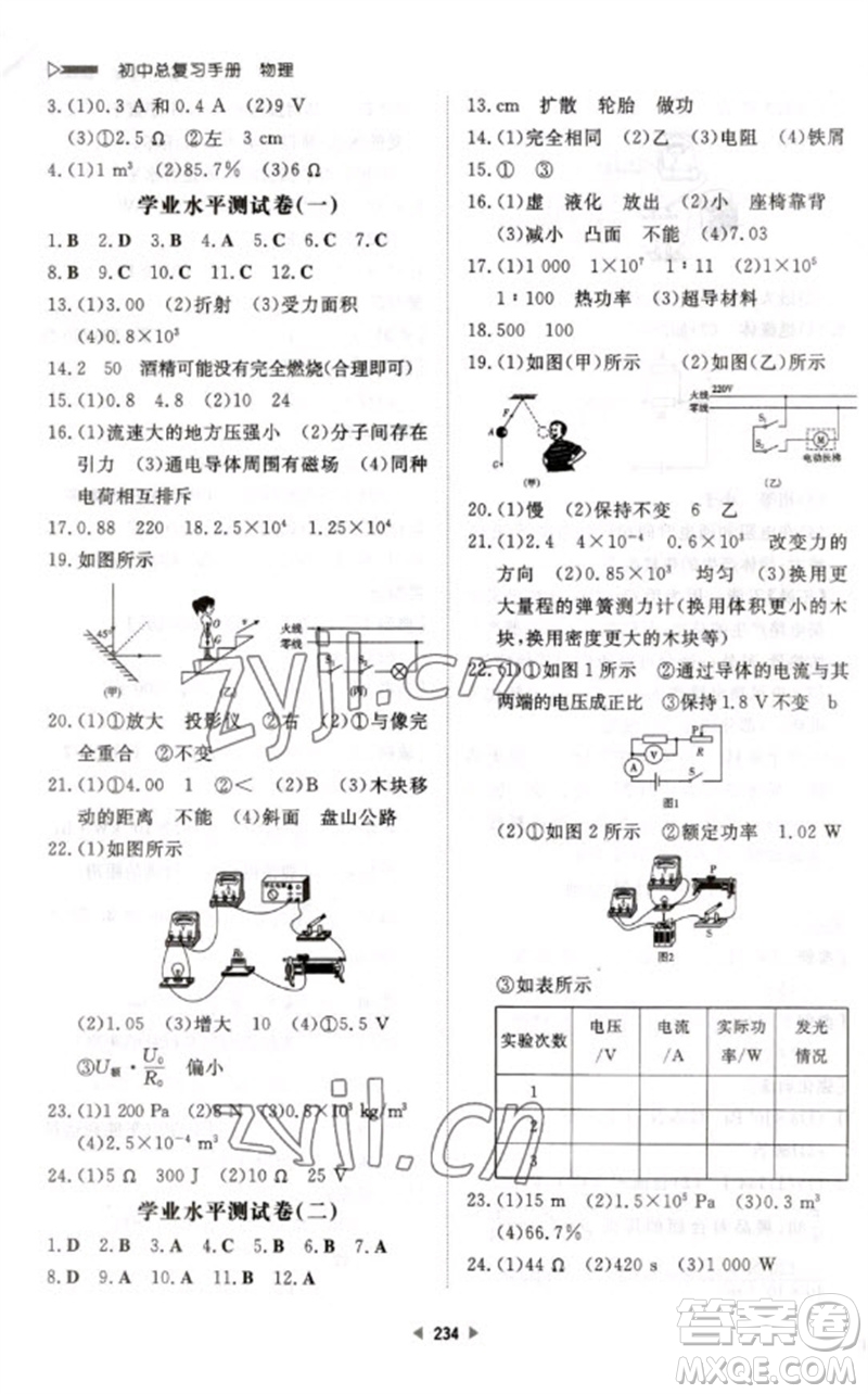 新世紀(jì)出版社2023初中總復(fù)習(xí)手冊(cè)九年級(jí)物理通用版參考答案