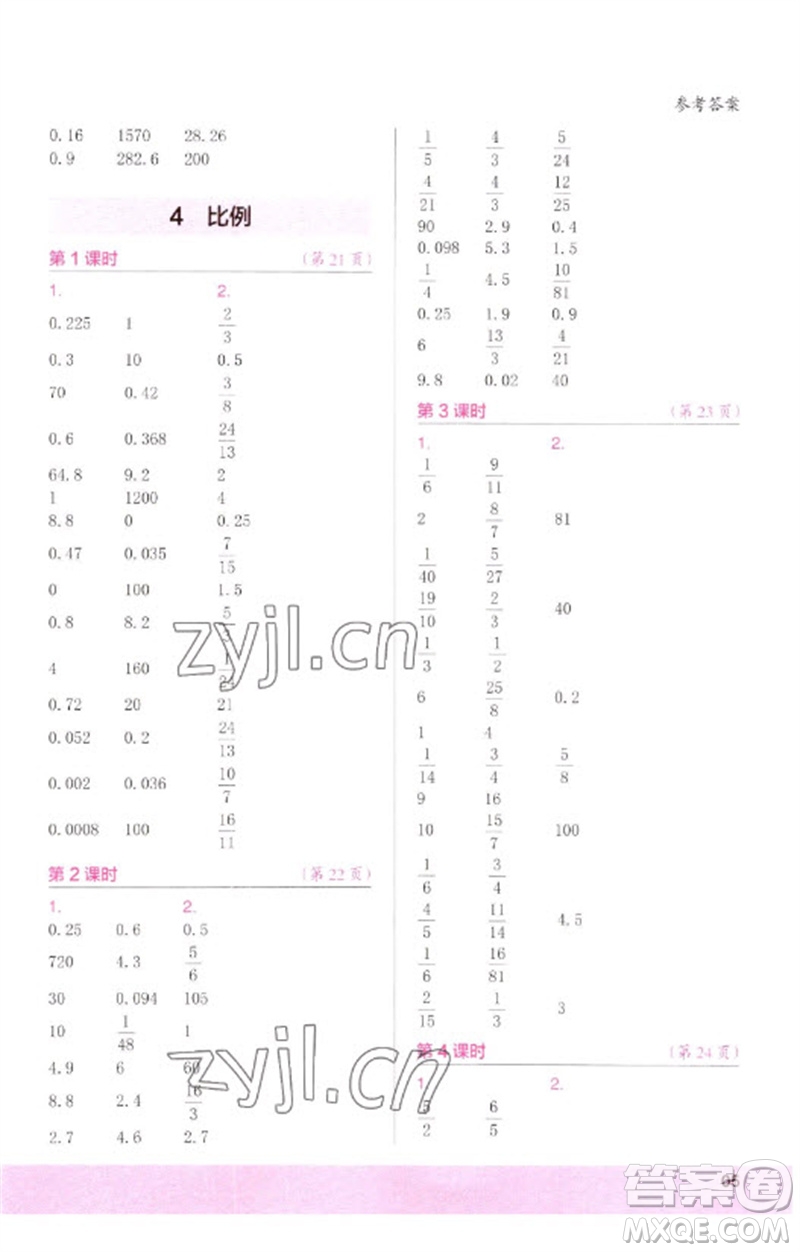 江蘇鳳凰少年兒童出版社2023口算小狀元口算速算天天練六年級數學下冊人教版參考答案