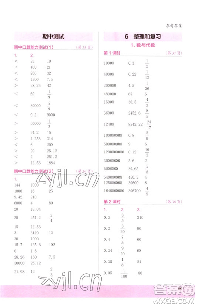 江蘇鳳凰少年兒童出版社2023口算小狀元口算速算天天練六年級數學下冊人教版參考答案