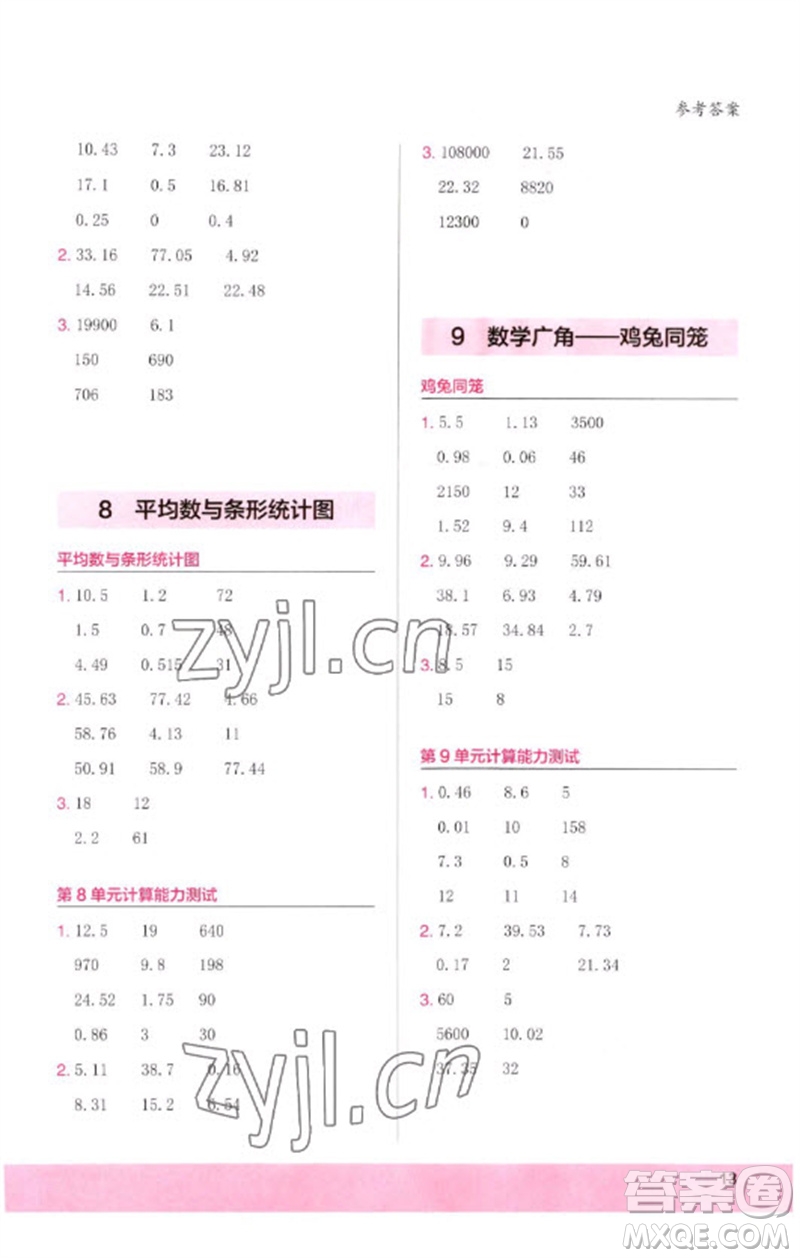 鷺江出版社2023木頭馬計(jì)算小狀元小學(xué)四年級(jí)數(shù)學(xué)下冊(cè)人教版浙江專版參考答案