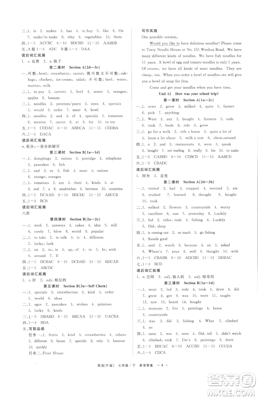 浙江工商大學(xué)出版社2023精彩練習(xí)就練這一本七年級下冊英語人教版杭州專版參考答案