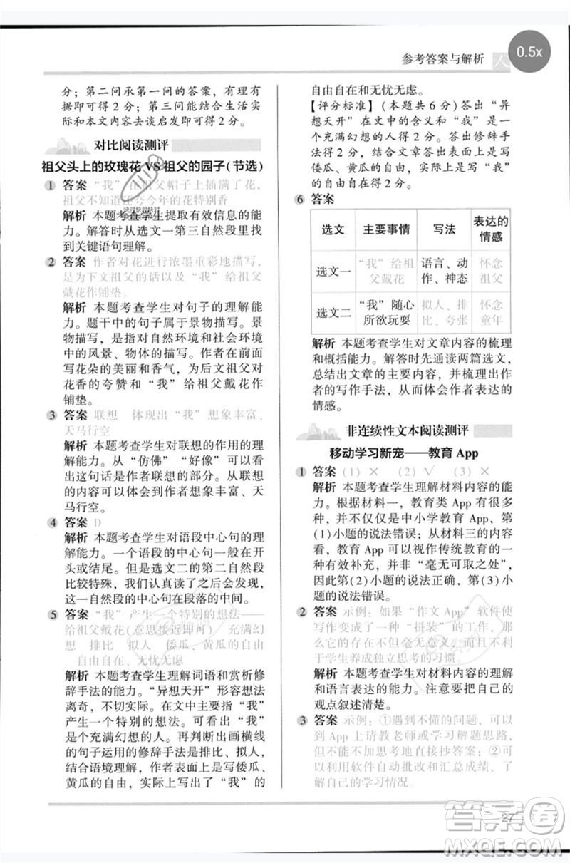 湖南師范大學(xué)出版社2023木頭馬閱讀力測評五年級語文人教版B版參考答案