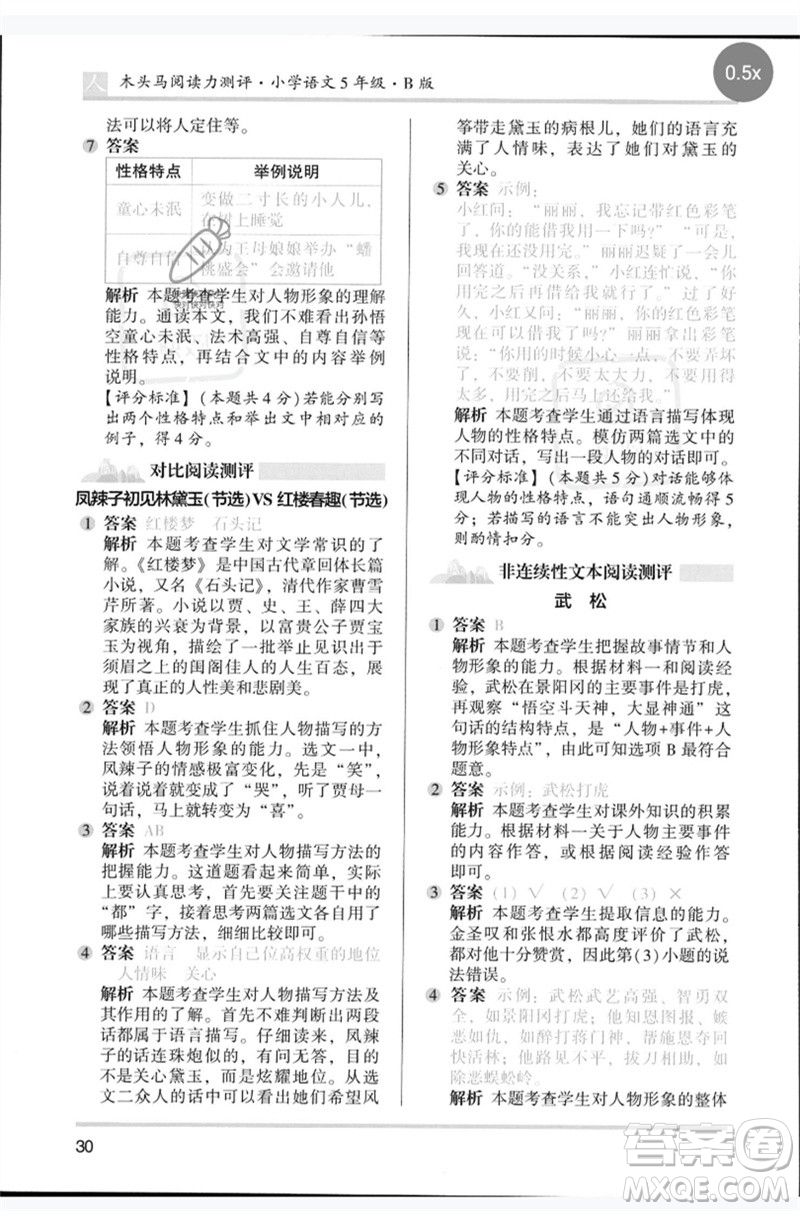 湖南師范大學(xué)出版社2023木頭馬閱讀力測評五年級語文人教版B版參考答案