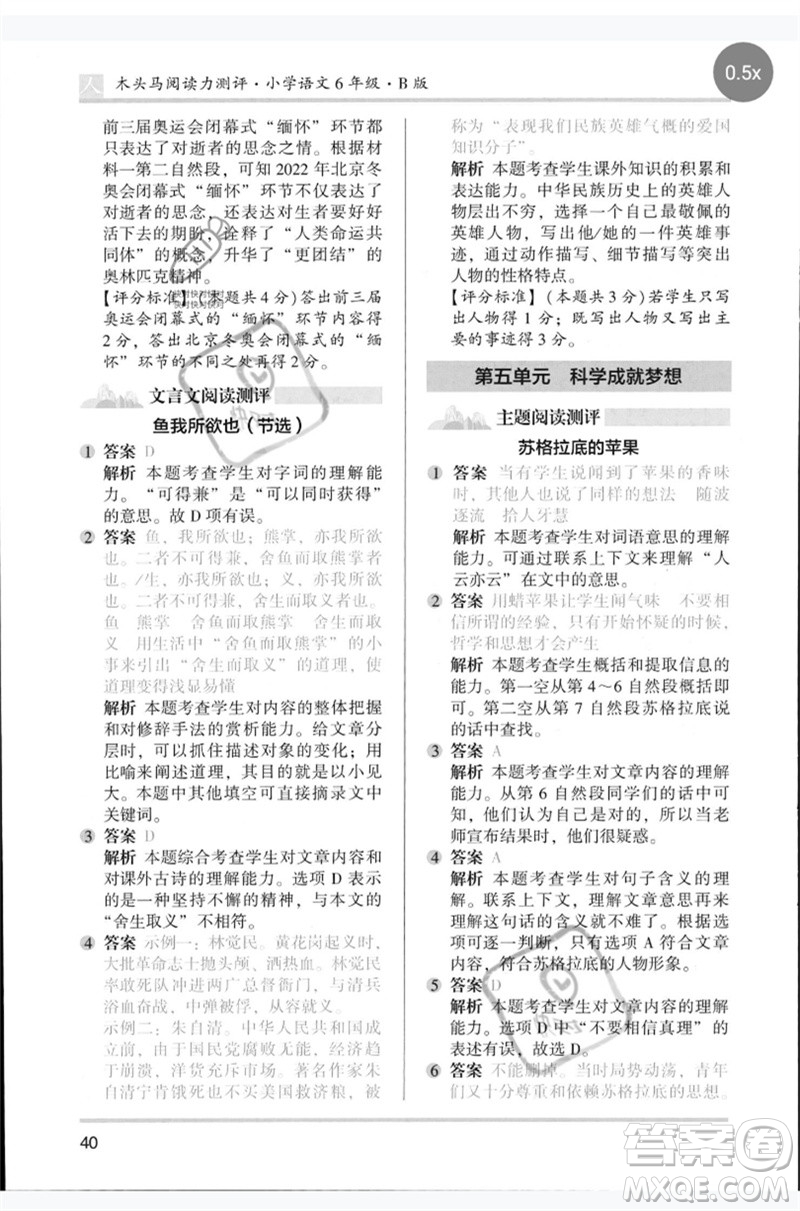 湖南師范大學(xué)出版社2023木頭馬閱讀力測評六年級語文人教版B版參考答案