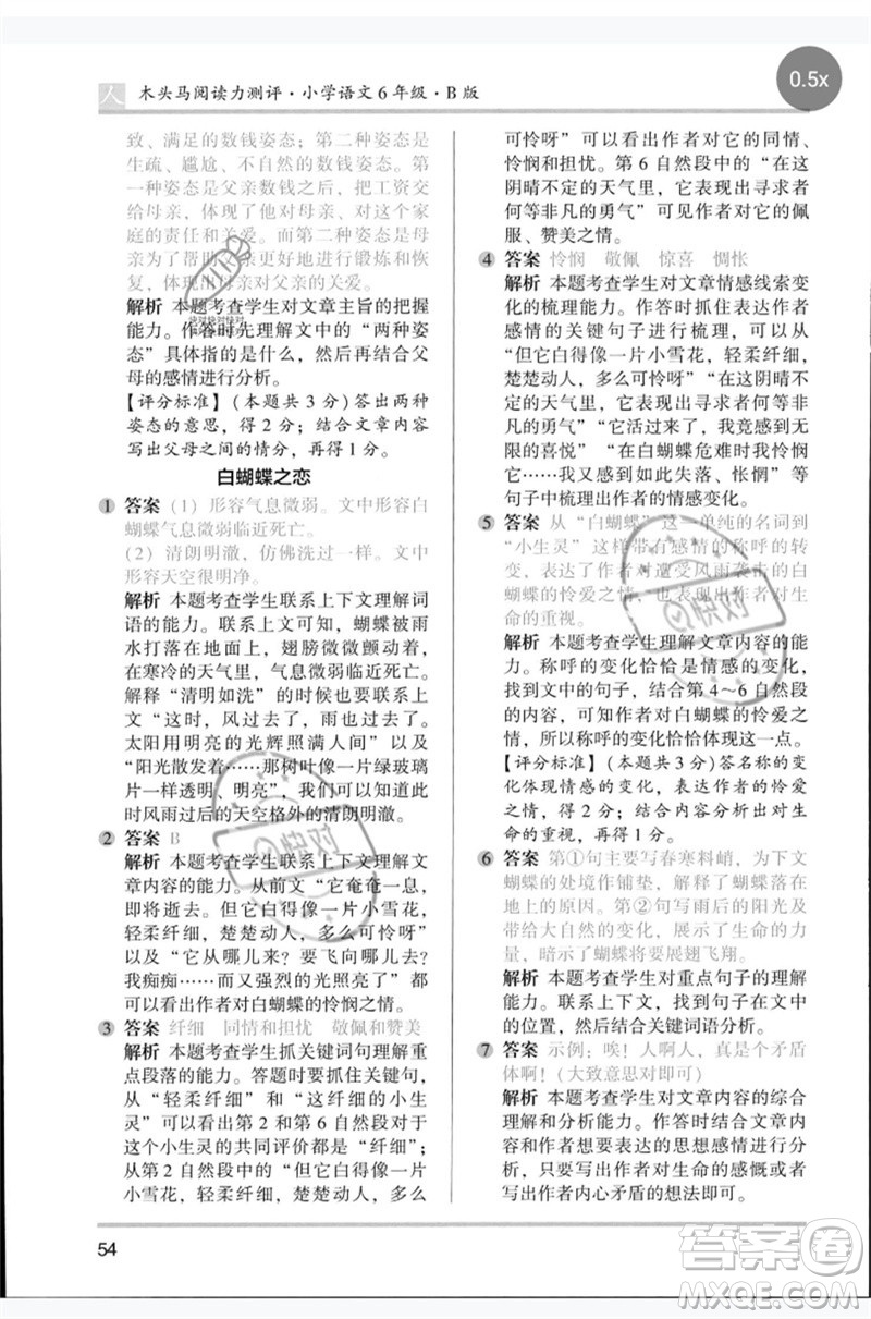 湖南師范大學(xué)出版社2023木頭馬閱讀力測評六年級語文人教版B版參考答案