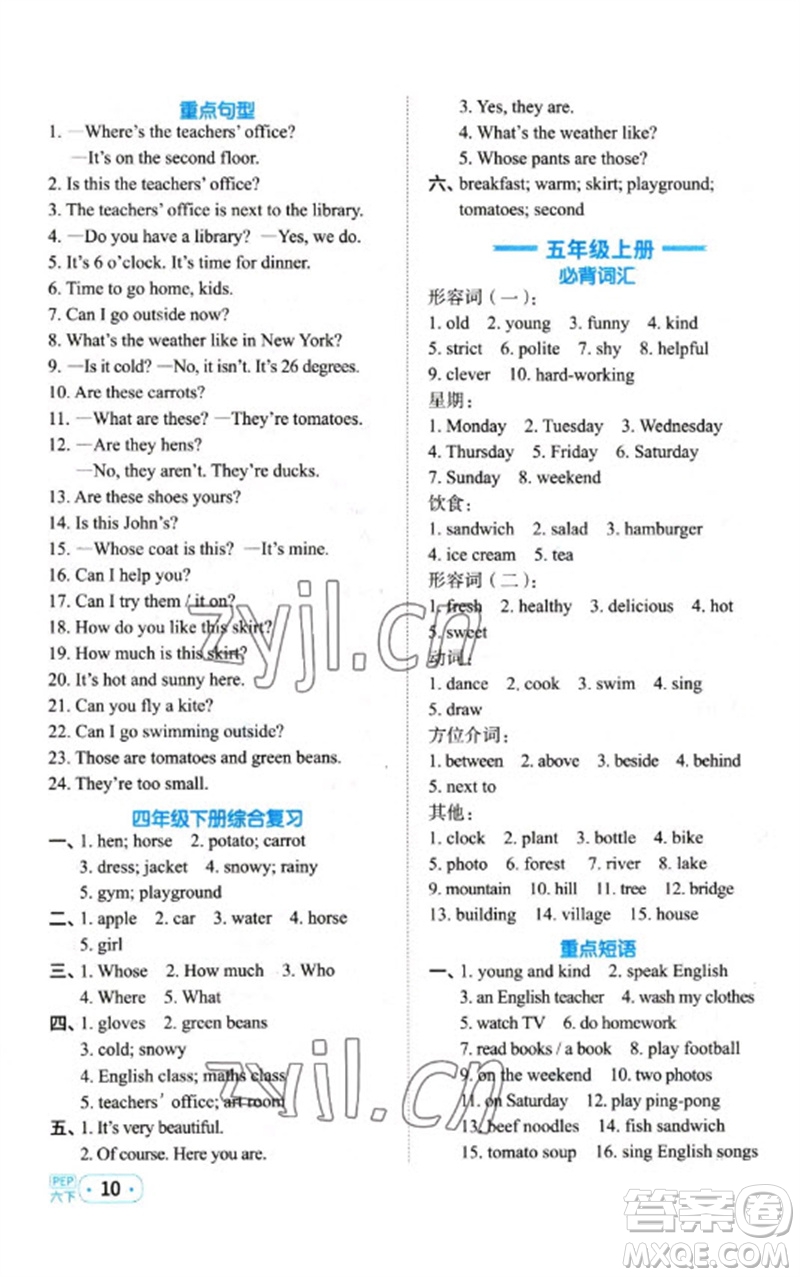 江西教育出版社2023陽光同學(xué)默寫小達(dá)人六年級(jí)英語下冊(cè)人教PEP版參考答案