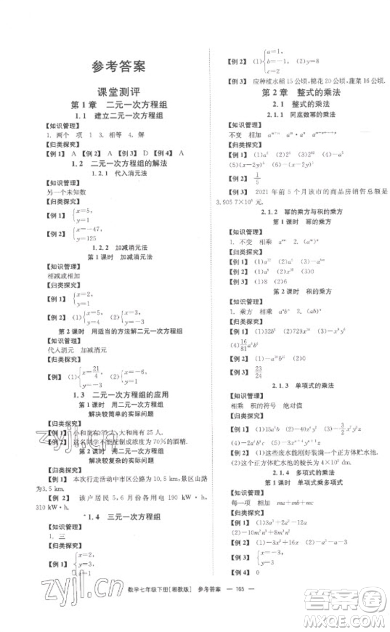 湖南教育出版社2023全效學(xué)習(xí)同步學(xué)練測七年級(jí)數(shù)學(xué)下冊(cè)湘教版參考答案