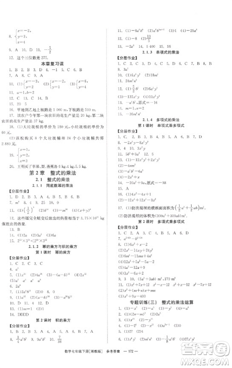 湖南教育出版社2023全效學(xué)習(xí)同步學(xué)練測七年級(jí)數(shù)學(xué)下冊(cè)湘教版參考答案