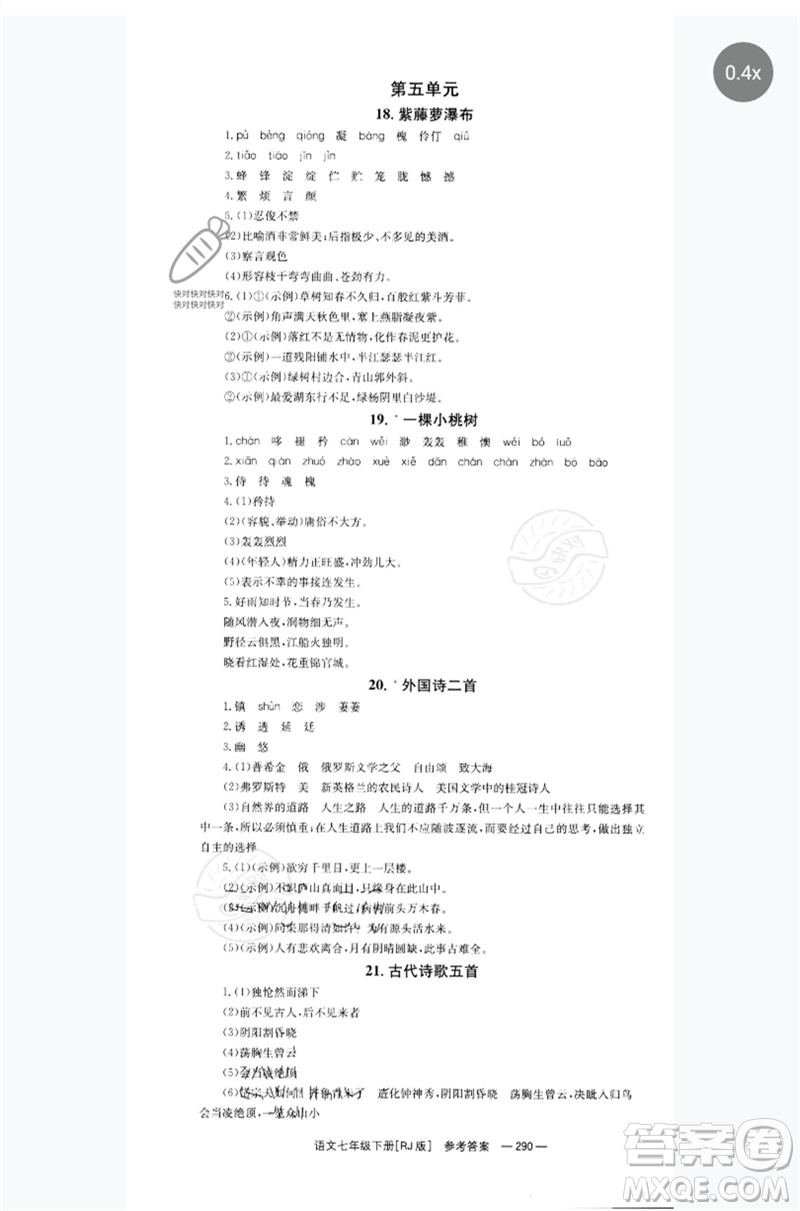 湖南教育出版社2023全效學(xué)習(xí)同步學(xué)練測七年級語文下冊人教版參考答案