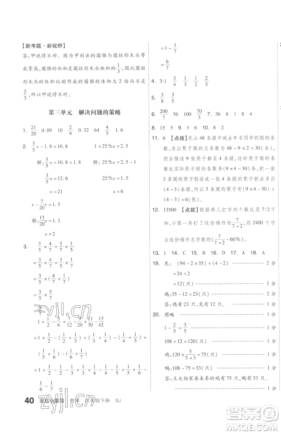 天津人民出版社2023全品小復(fù)習(xí)六年級下冊數(shù)學(xué)蘇教版參考答案