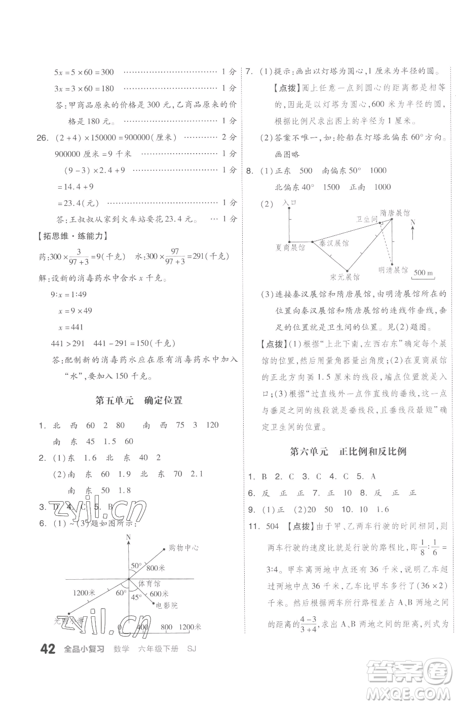 天津人民出版社2023全品小復(fù)習(xí)六年級下冊數(shù)學(xué)蘇教版參考答案