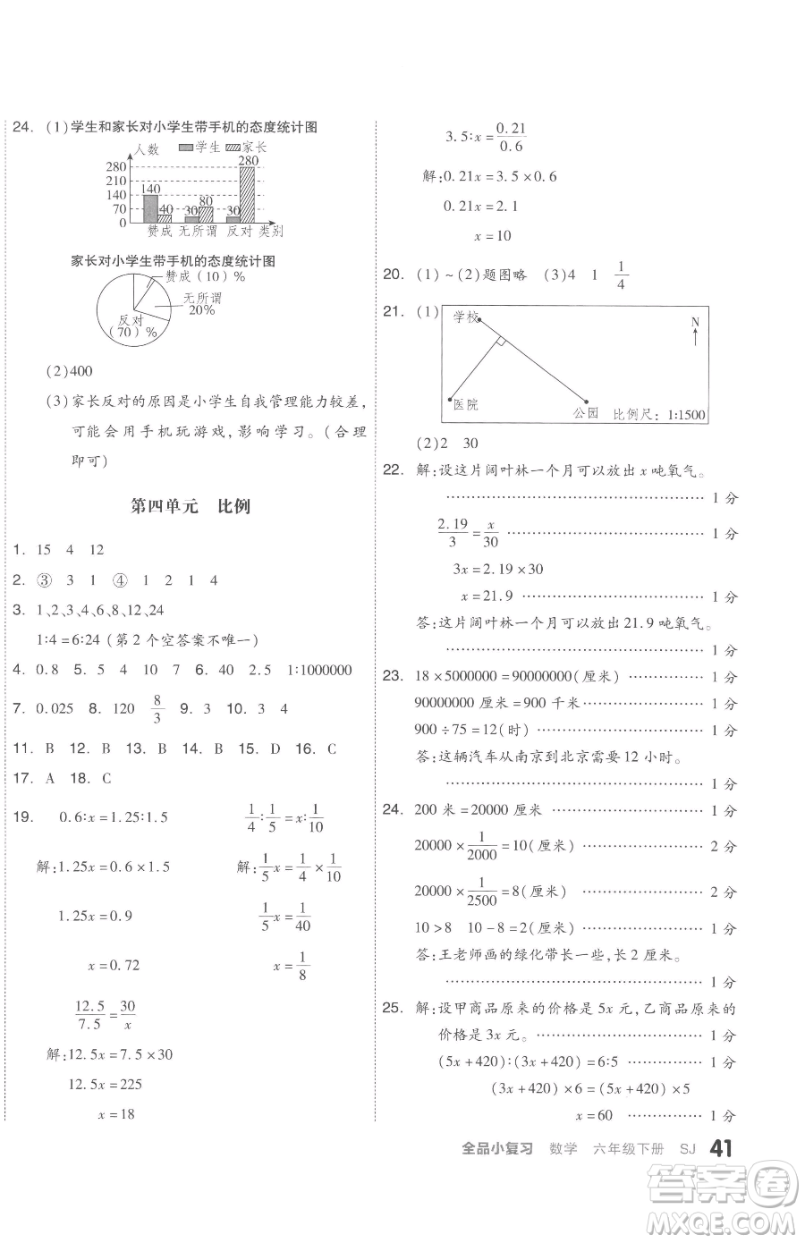 天津人民出版社2023全品小復(fù)習(xí)六年級下冊數(shù)學(xué)蘇教版參考答案