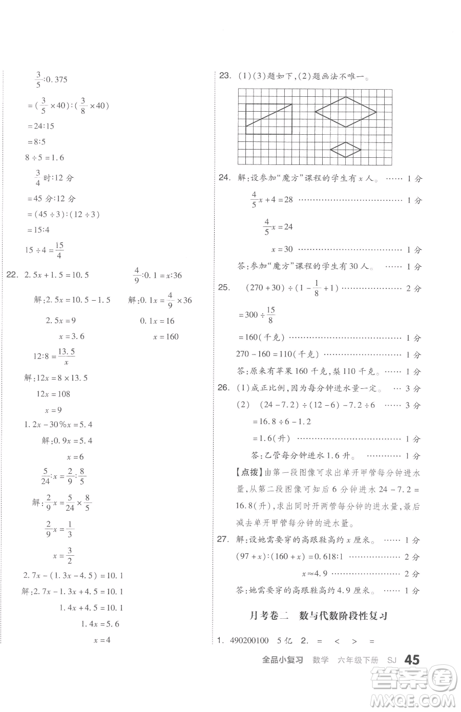 天津人民出版社2023全品小復(fù)習(xí)六年級下冊數(shù)學(xué)蘇教版參考答案