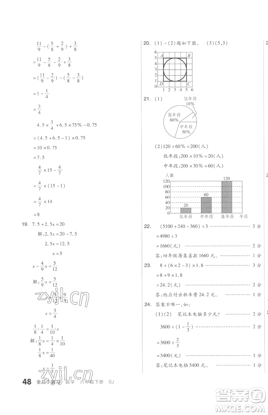 天津人民出版社2023全品小復(fù)習(xí)六年級下冊數(shù)學(xué)蘇教版參考答案