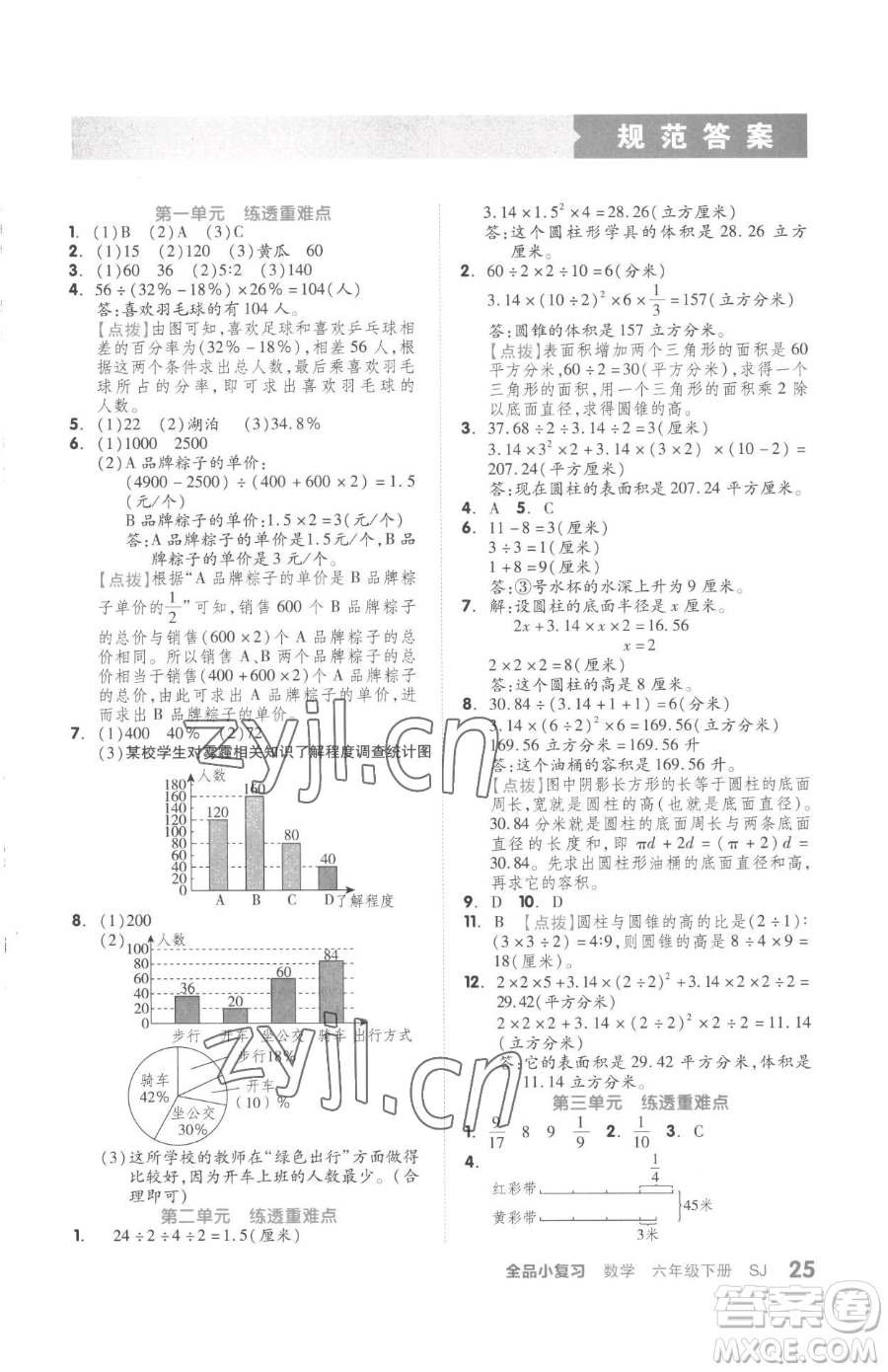 天津人民出版社2023全品小復(fù)習(xí)六年級下冊數(shù)學(xué)蘇教版參考答案