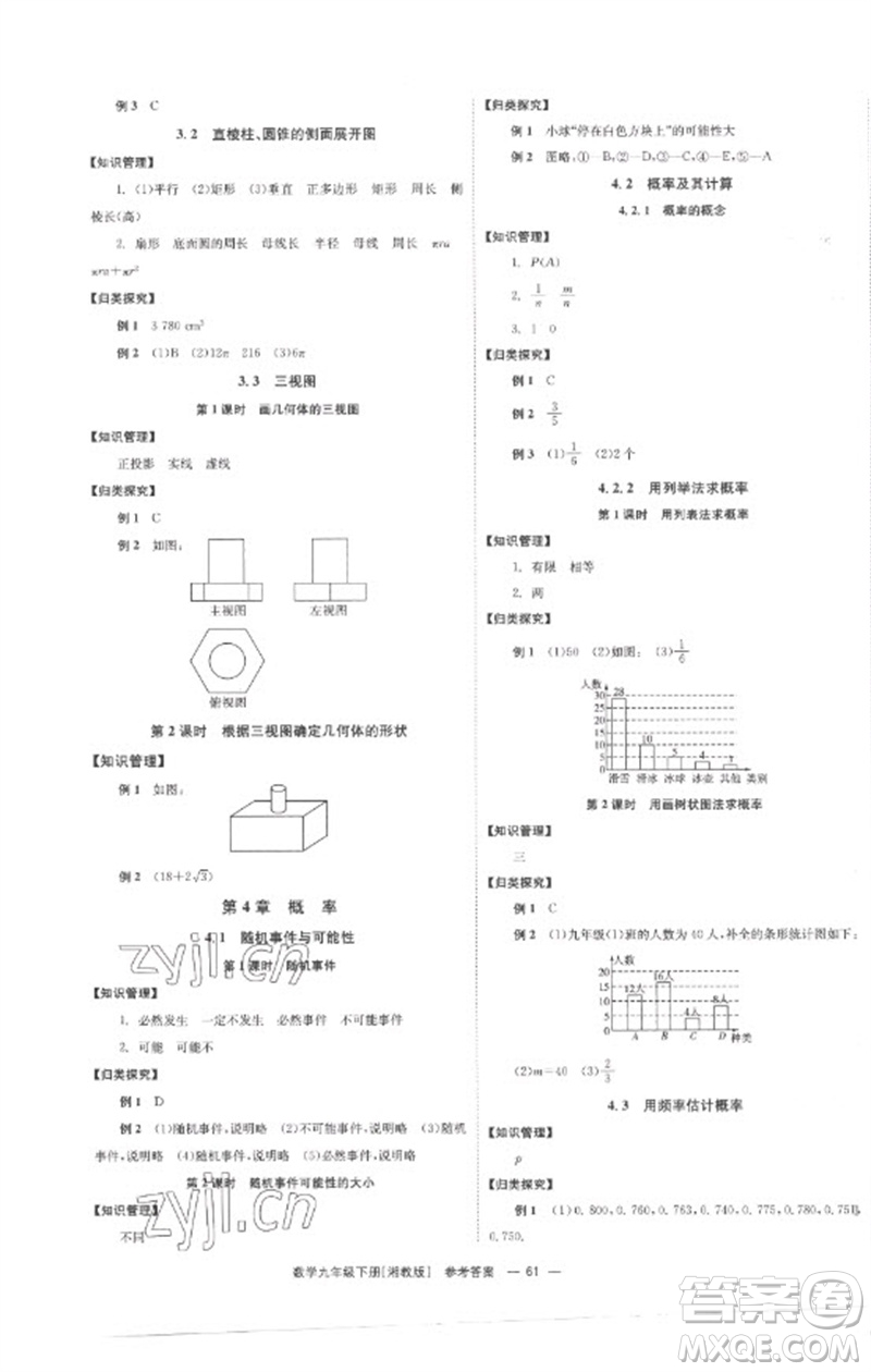 湖南教育出版社2023全效學(xué)習(xí)同步學(xué)練測九年級數(shù)學(xué)下冊湘教版參考答案