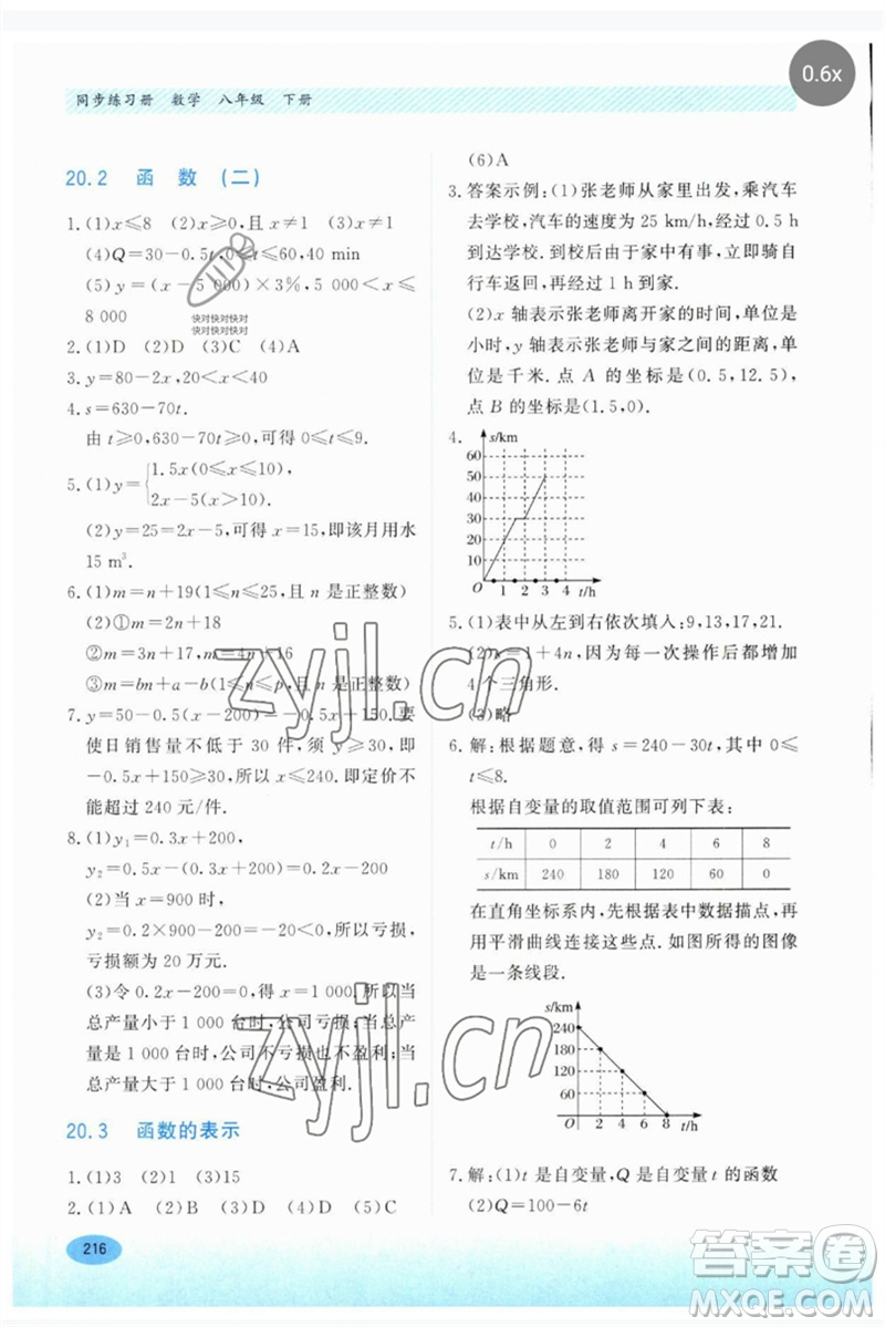 河北教育出版社2023同步練習(xí)冊八年級數(shù)學(xué)下冊冀教版參考答案