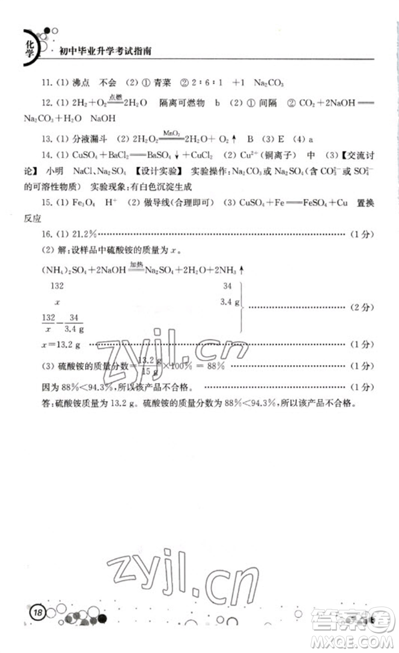 江蘇鳳凰科學(xué)技術(shù)出版社2023初中畢業(yè)升學(xué)考試指南九年級化學(xué)通用版參考答案