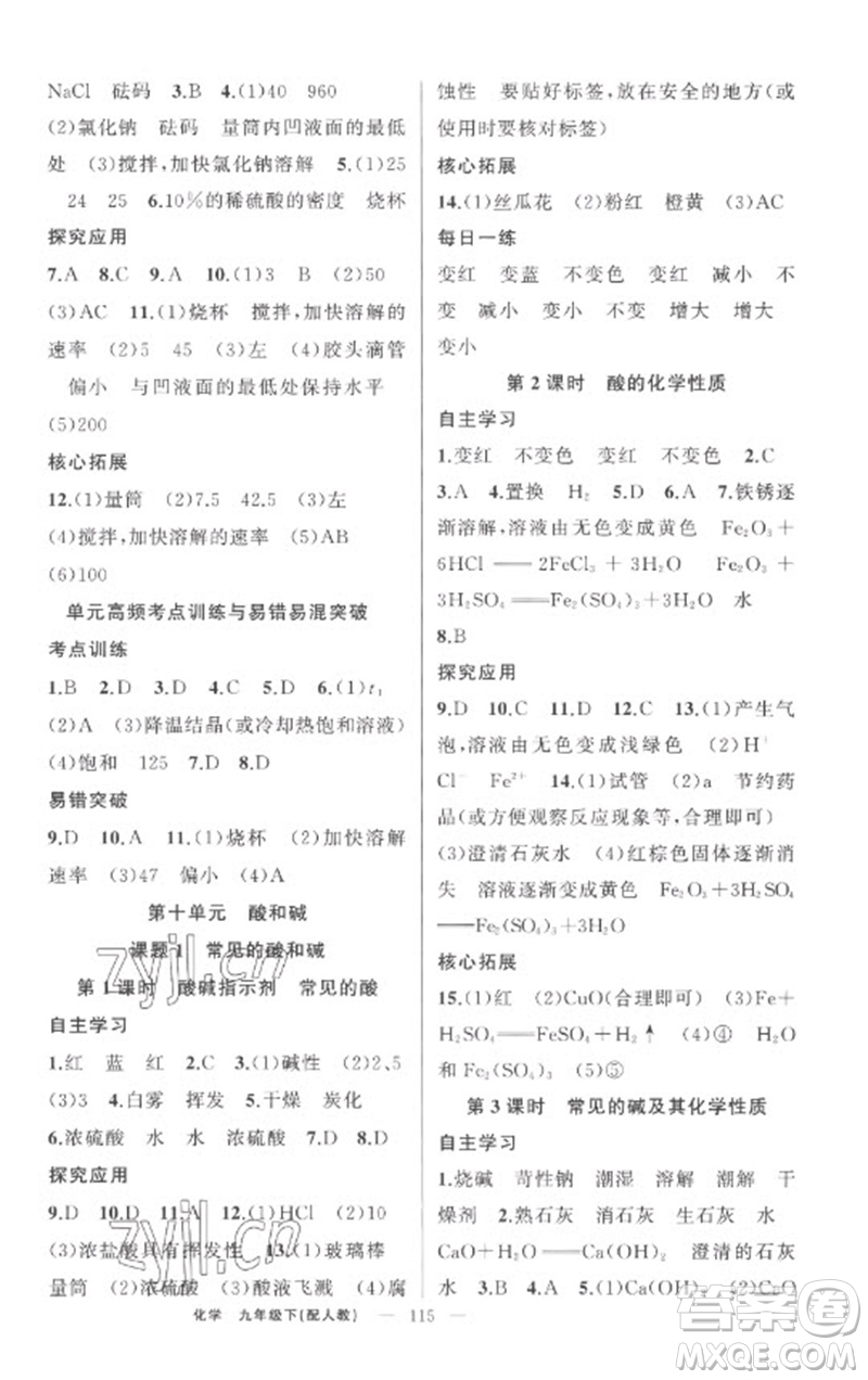 新疆青少年出版社2023原創(chuàng)新課堂九年級化學(xué)下冊人教版參考答案