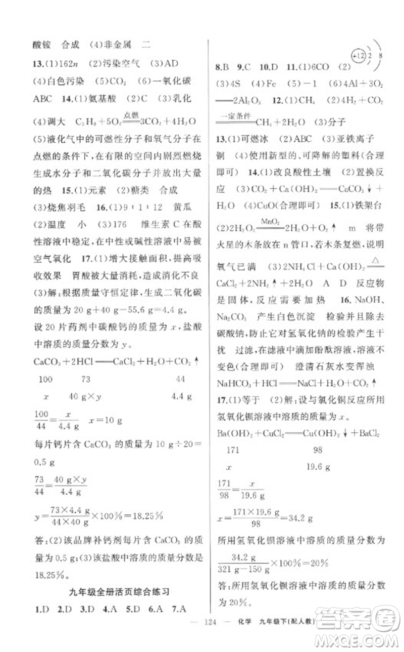 新疆青少年出版社2023原創(chuàng)新課堂九年級化學(xué)下冊人教版參考答案