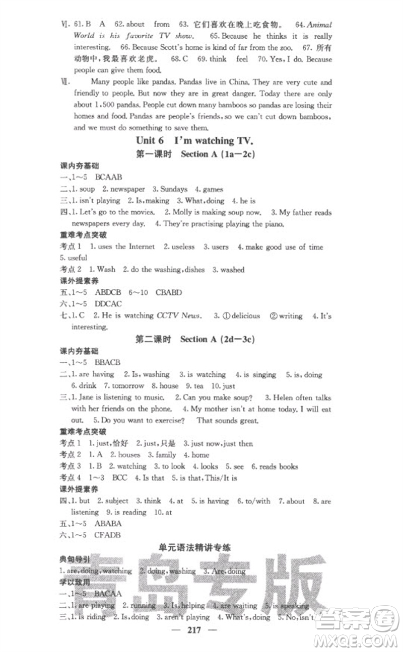 四川大學(xué)出版社2023名校課堂內(nèi)外七年級(jí)英語下冊人教版青島專版參考答案