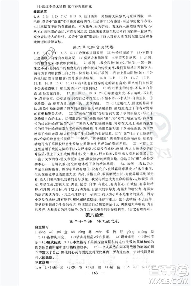 四川大學(xué)出版社2023名校課堂內(nèi)外七年級(jí)語(yǔ)文下冊(cè)人教版青島專版參考答案