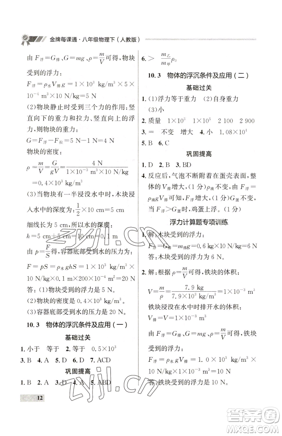 延邊大學出版社2023點石成金金牌每課通八年級下冊物理人教版參考答案