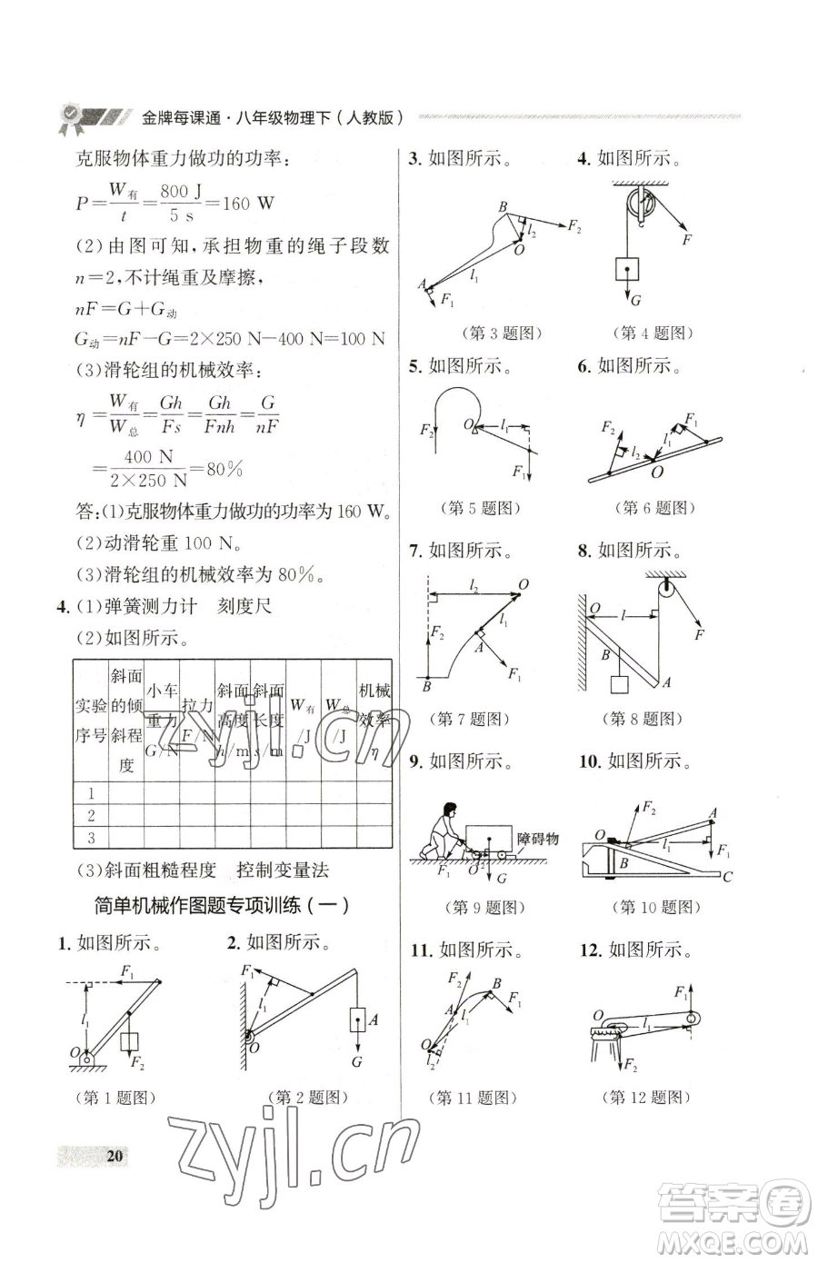 延邊大學出版社2023點石成金金牌每課通八年級下冊物理人教版參考答案