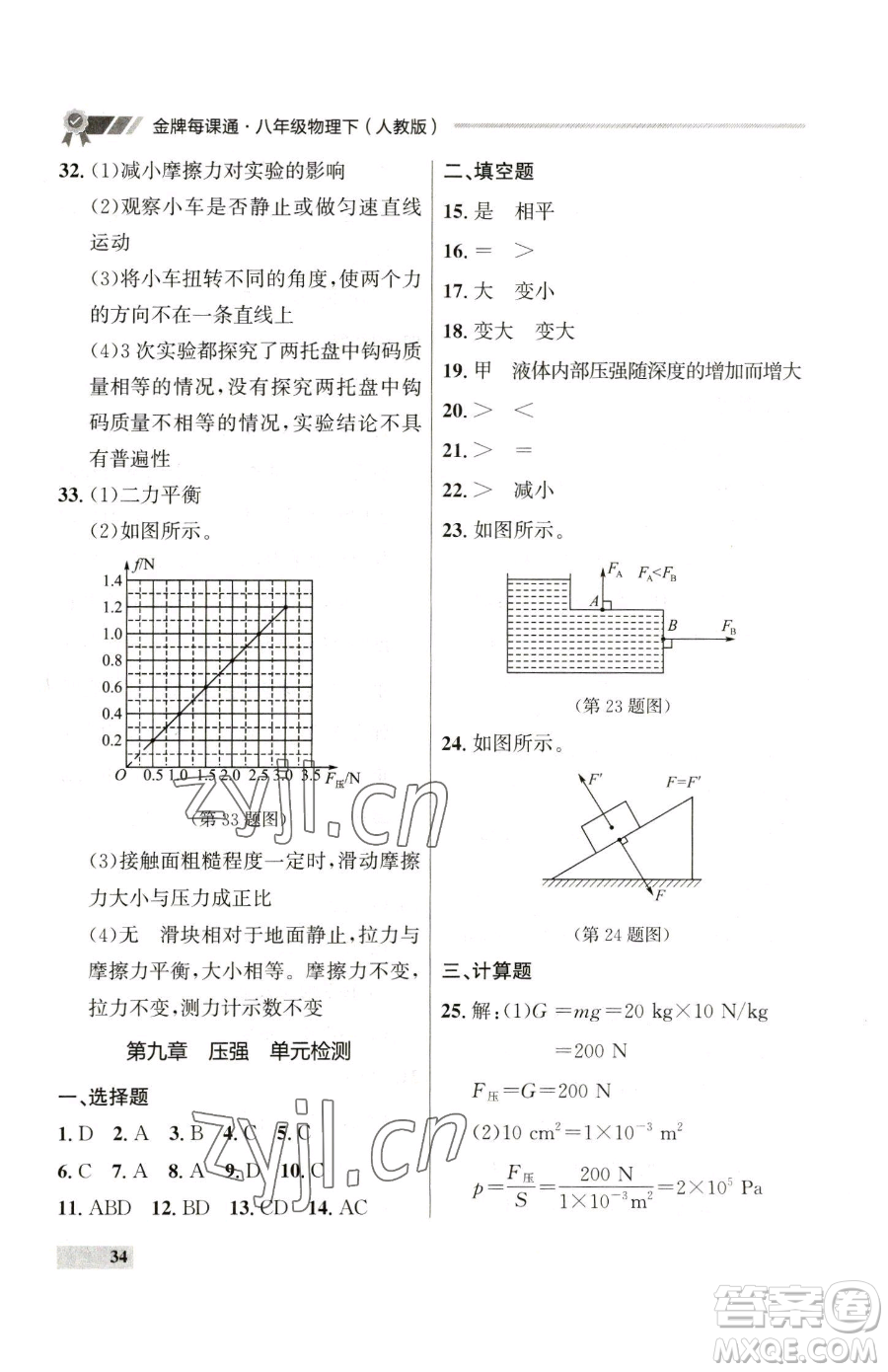 延邊大學出版社2023點石成金金牌每課通八年級下冊物理人教版參考答案