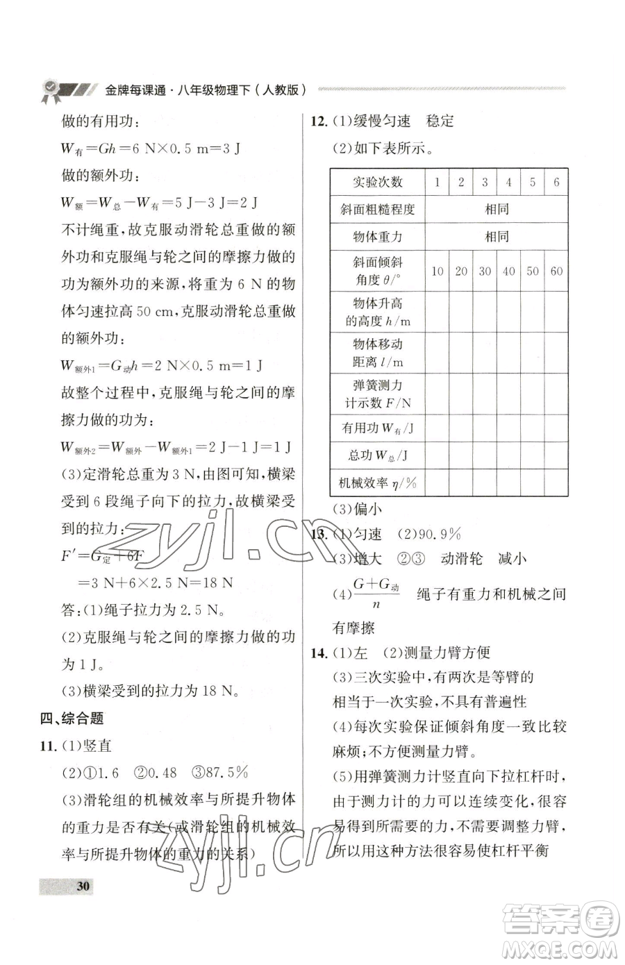 延邊大學出版社2023點石成金金牌每課通八年級下冊物理人教版參考答案