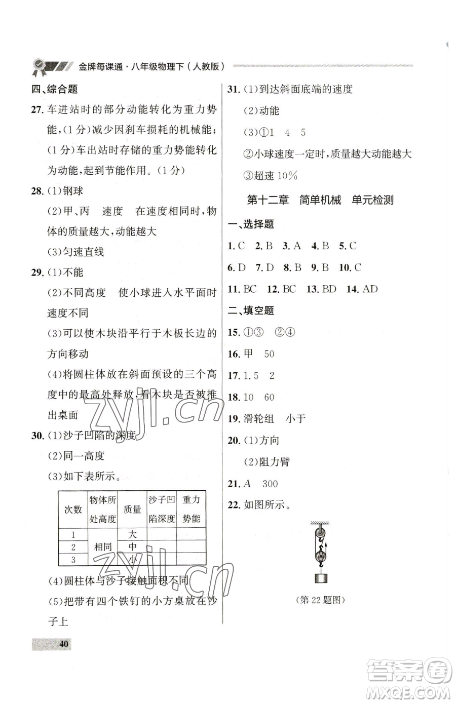 延邊大學出版社2023點石成金金牌每課通八年級下冊物理人教版參考答案