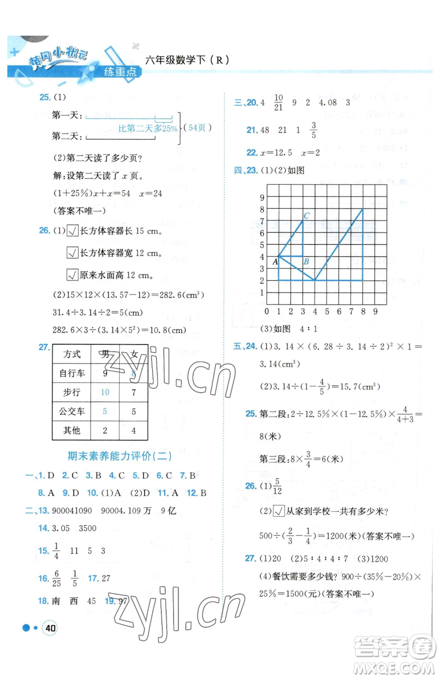 龍門書局2023黃岡小狀元練重點(diǎn)培優(yōu)同步作業(yè)六年級(jí)下冊(cè)數(shù)學(xué)人教版參考答案