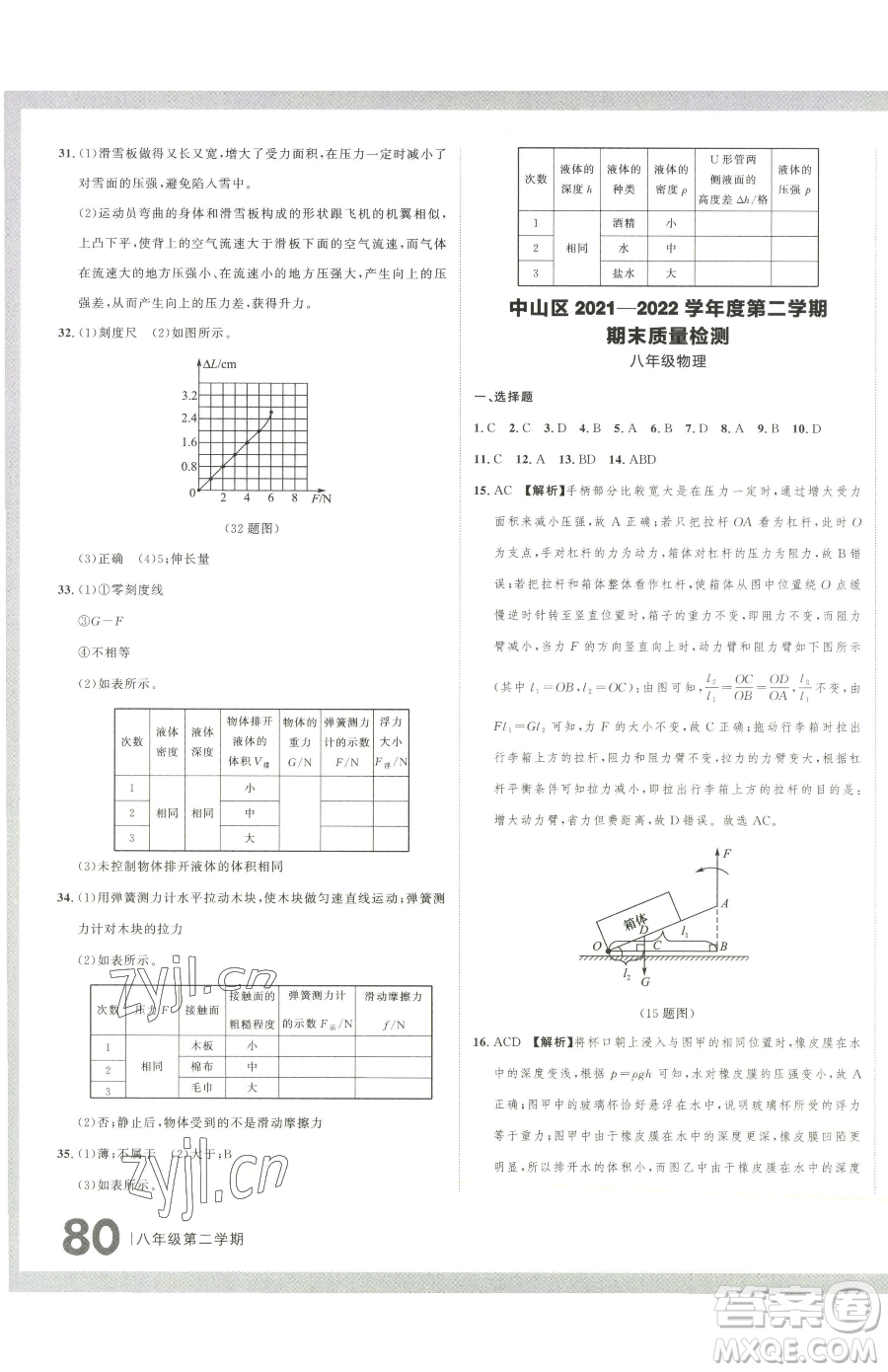 延邊大學(xué)出版社2023名校大考卷八年級(jí)下冊(cè)物理人教版大連專版參考答案