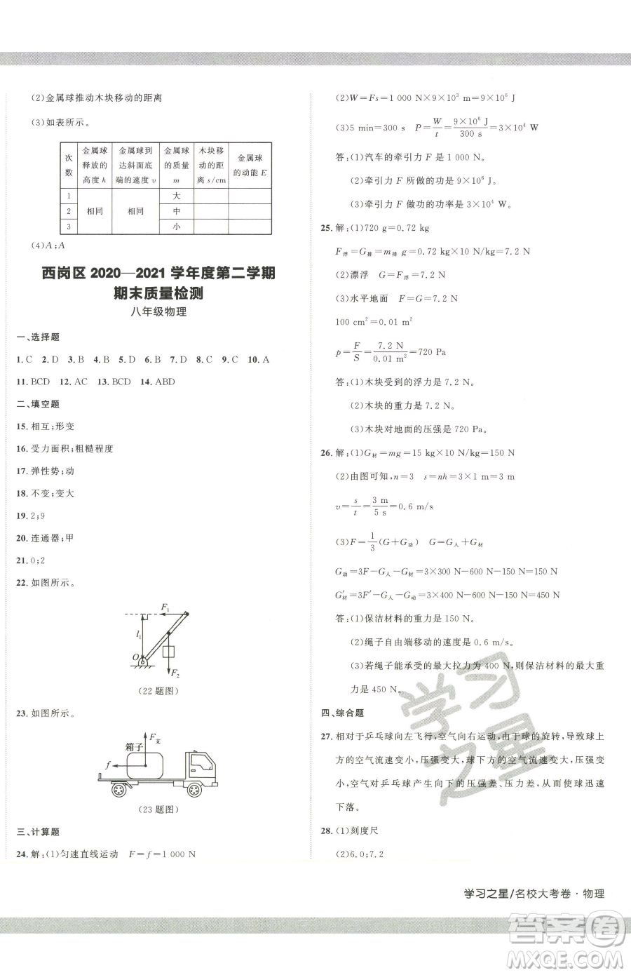 延邊大學(xué)出版社2023名校大考卷八年級(jí)下冊(cè)物理人教版大連專版參考答案