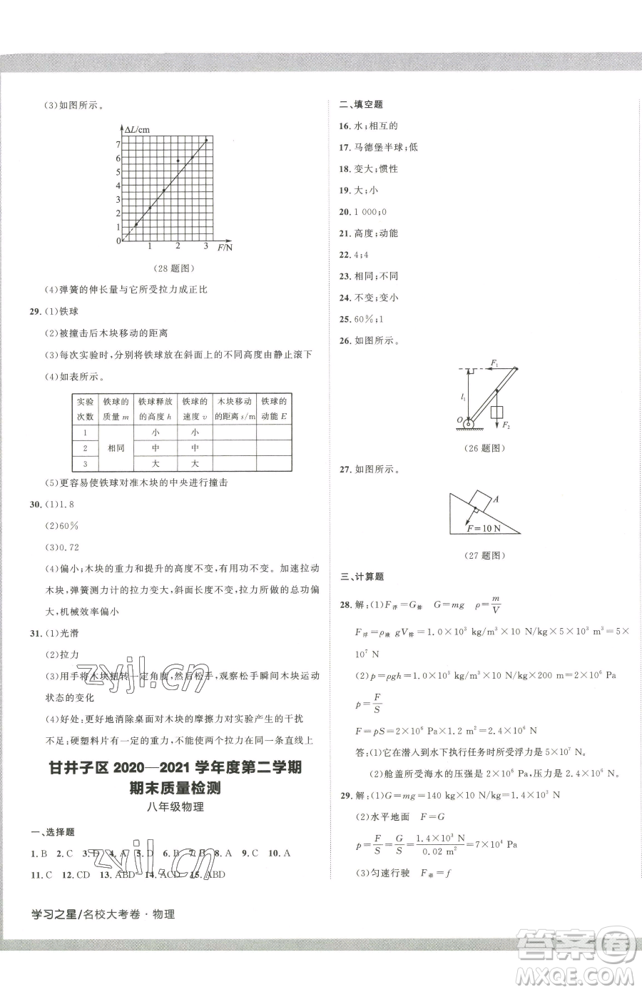 延邊大學(xué)出版社2023名校大考卷八年級(jí)下冊(cè)物理人教版大連專版參考答案