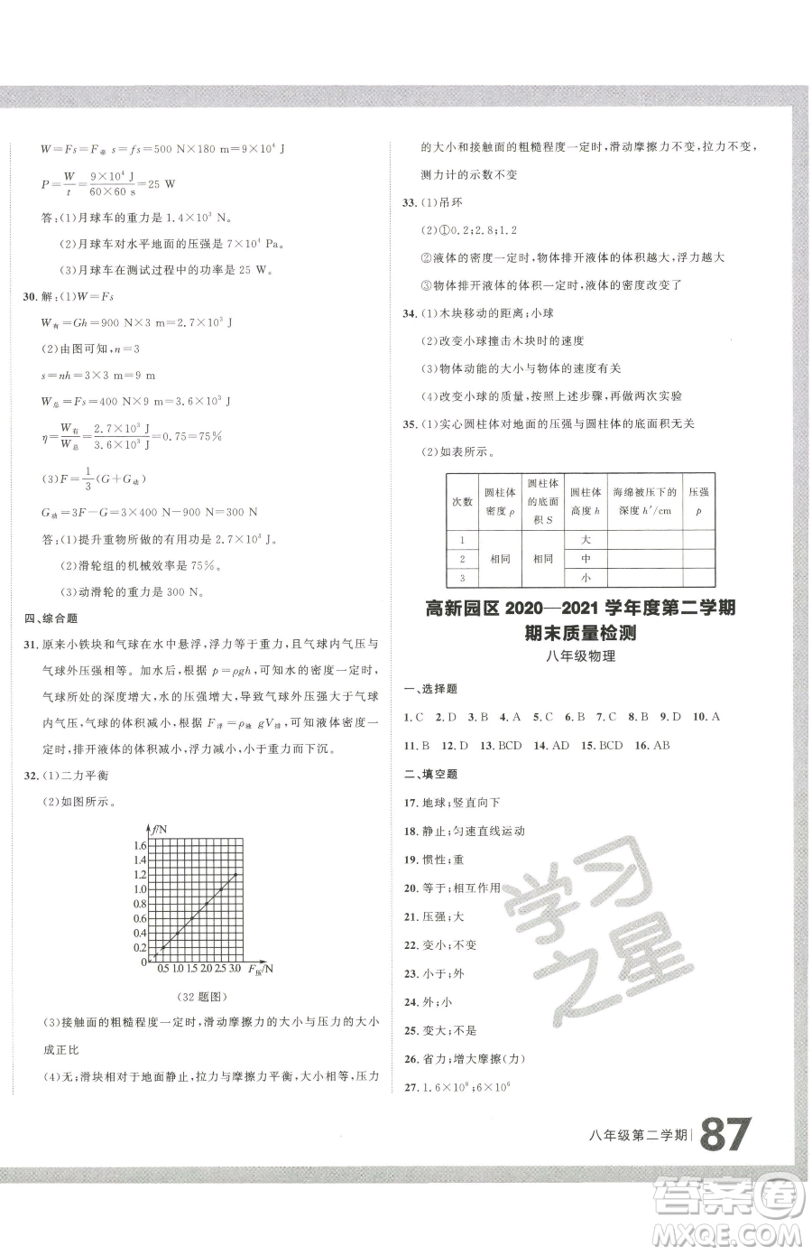 延邊大學(xué)出版社2023名校大考卷八年級(jí)下冊(cè)物理人教版大連專版參考答案