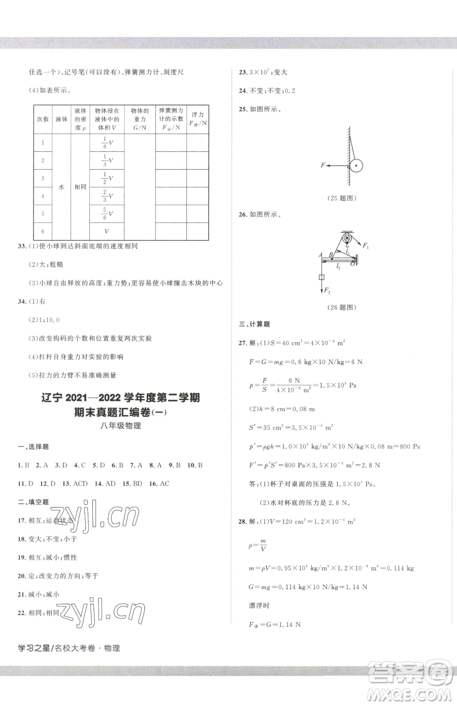 延邊大學(xué)出版社2023名校大考卷八年級(jí)下冊(cè)物理人教版大連專版參考答案