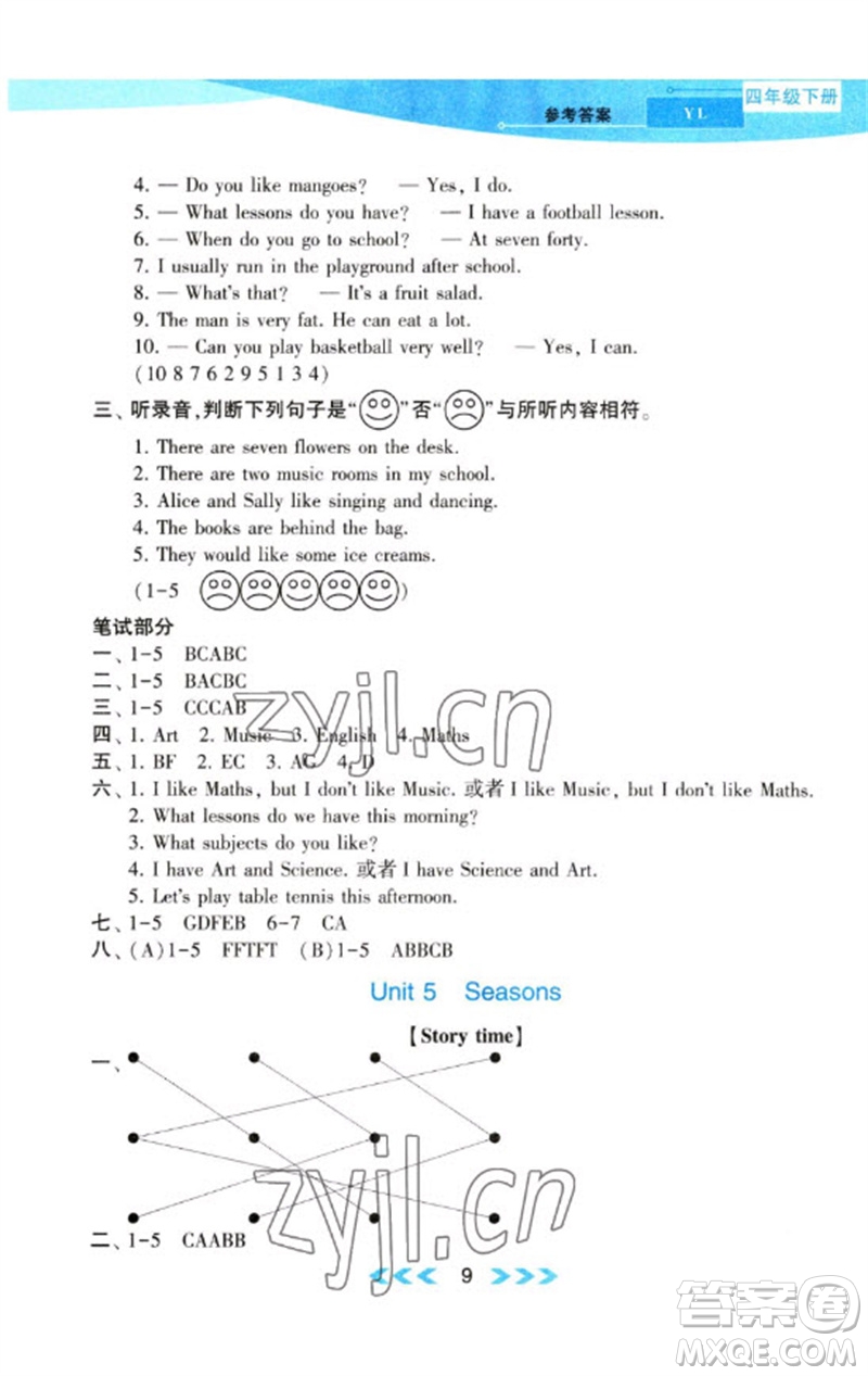 黃山書社2023自主學(xué)習(xí)當(dāng)堂反饋課時(shí)作業(yè)本四年級(jí)英語下冊(cè)譯林版參考答案