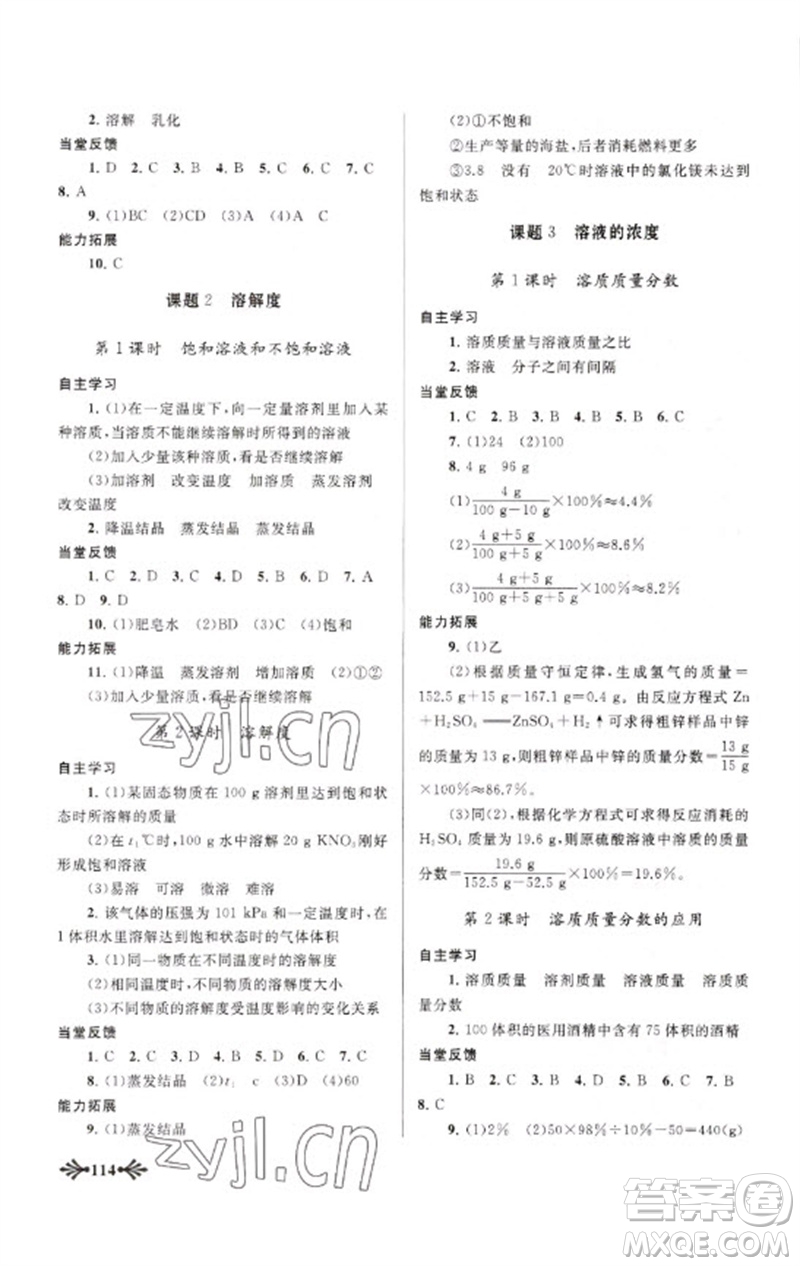 黃山書社2023自主學習當堂反饋九年級化學下冊人教版參考答案