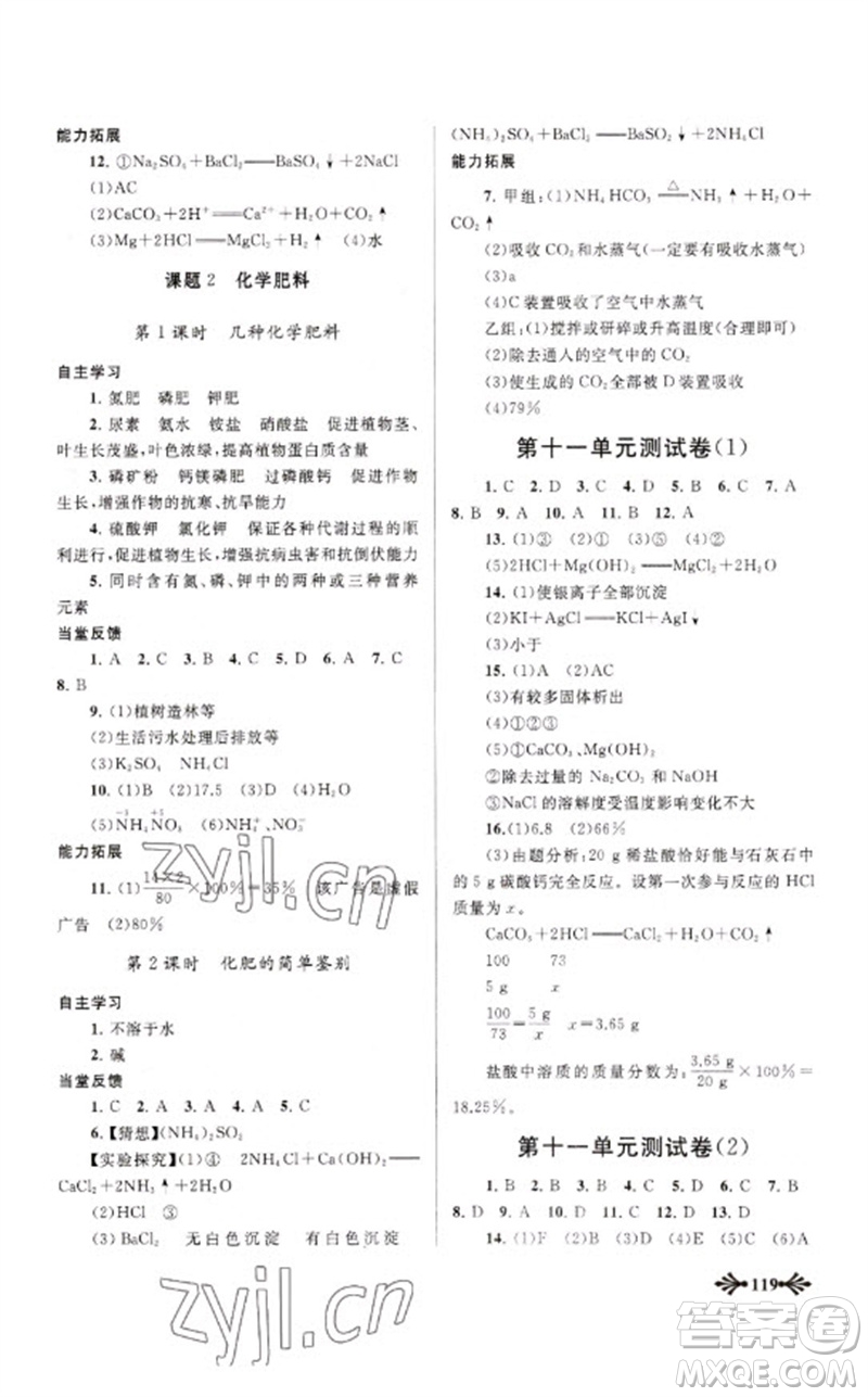 黃山書社2023自主學習當堂反饋九年級化學下冊人教版參考答案