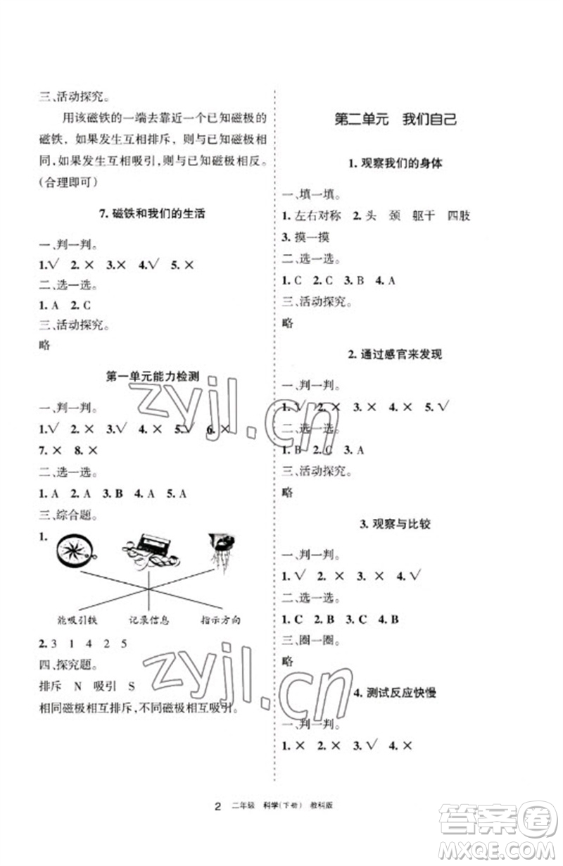 寧夏人民教育出版社2023學(xué)習(xí)之友二年級科學(xué)下冊教科版參考答案