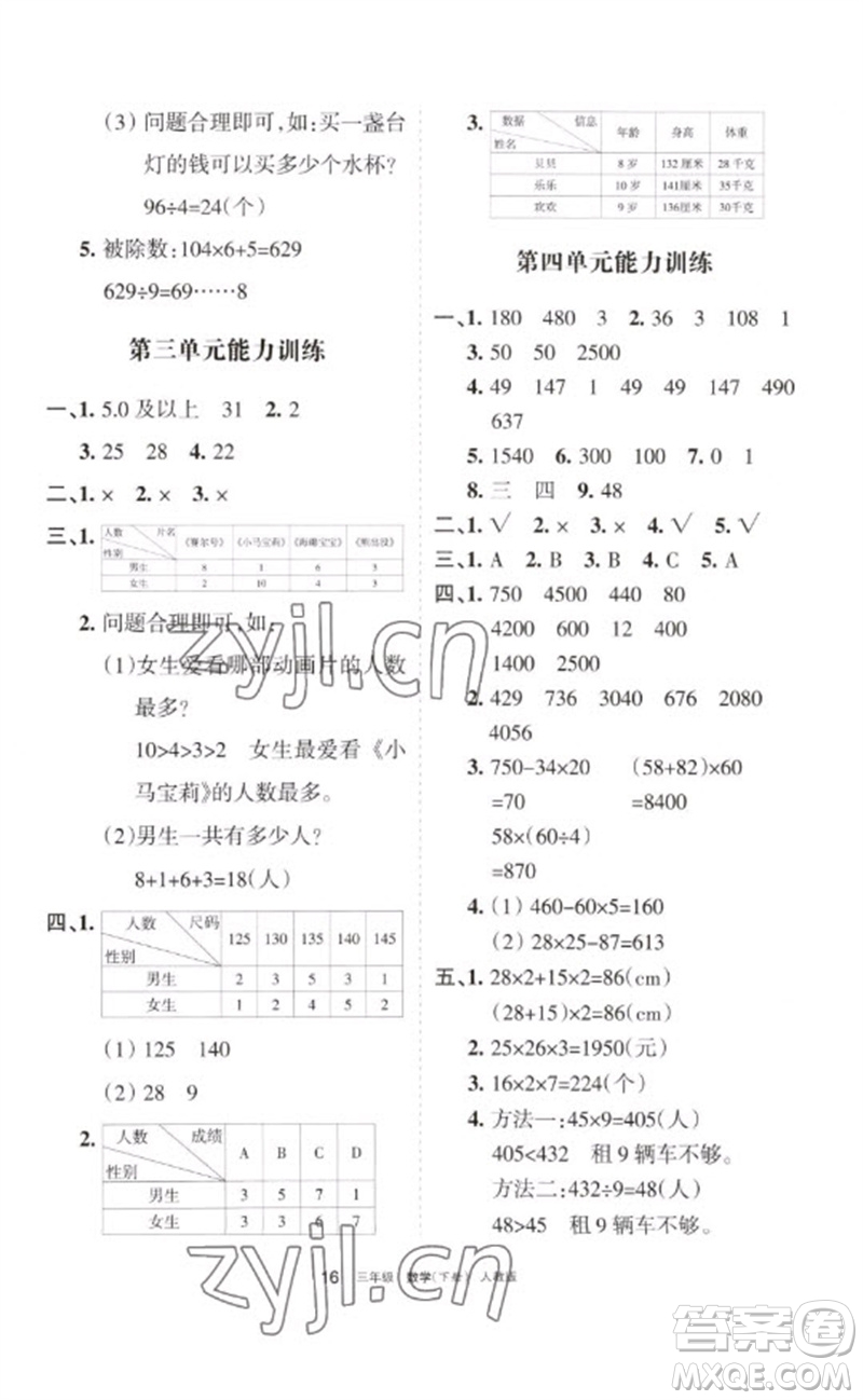 寧夏人民教育出版社2023學(xué)習(xí)之友三年級數(shù)學(xué)下冊人教版參考答案