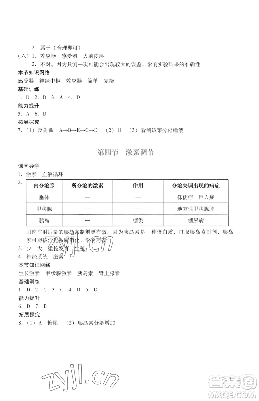 廣州出版社2023陽光學(xué)業(yè)評價七年級下冊生物人教版參考答案