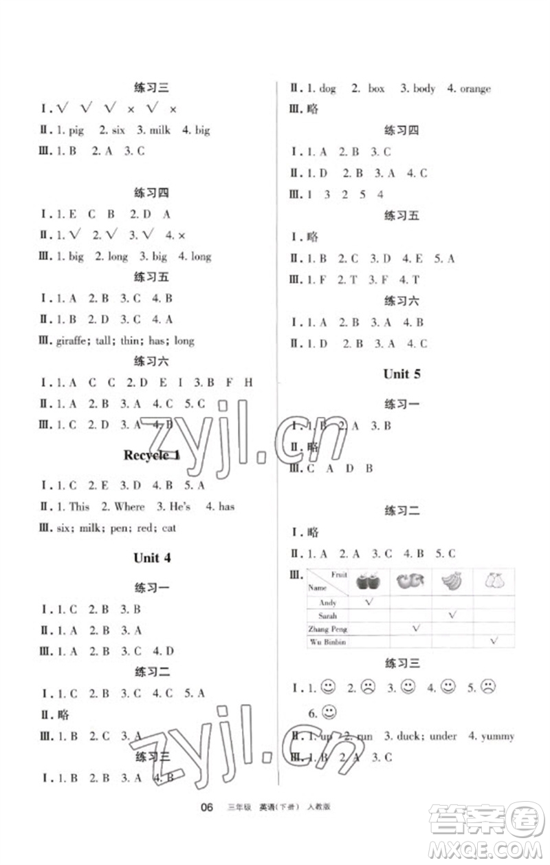 寧夏人民教育出版社2023學(xué)習(xí)之友三年級(jí)英語(yǔ)下冊(cè)人教PEP版參考答案