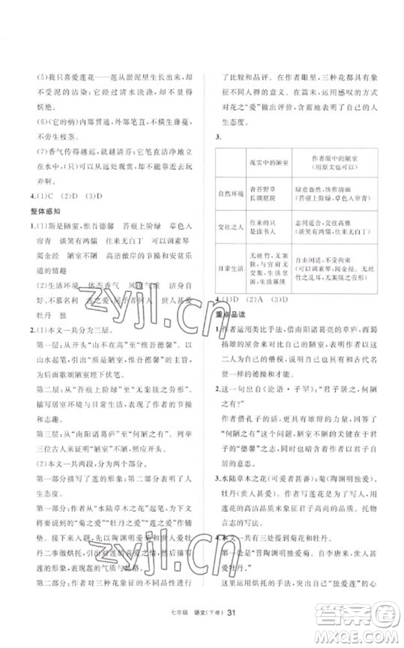 寧夏人民教育出版社2023學(xué)習(xí)之友七年級(jí)語(yǔ)文下冊(cè)人教版參考答案